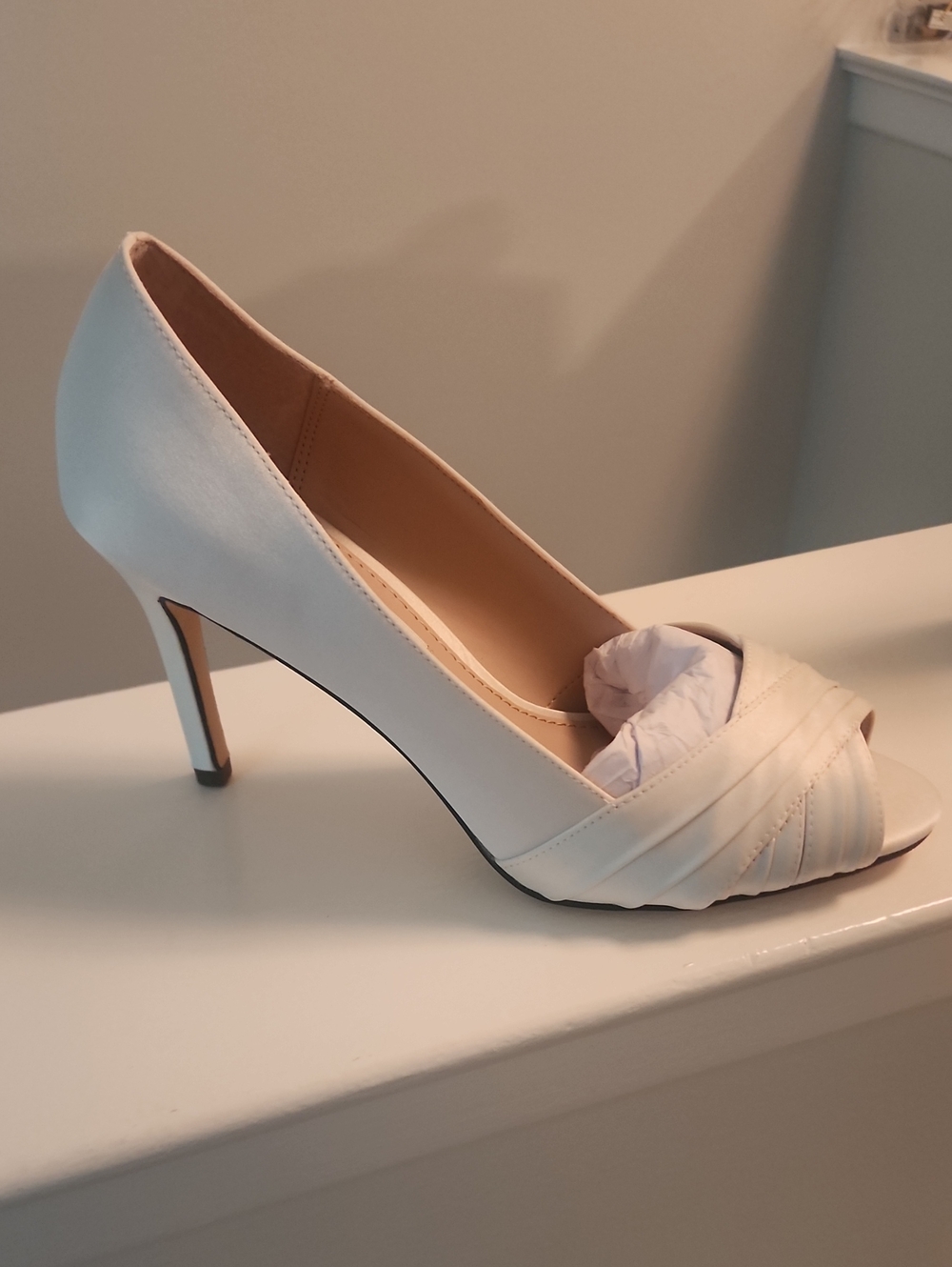 Nina Ivory Peep-Toe Satin Heels